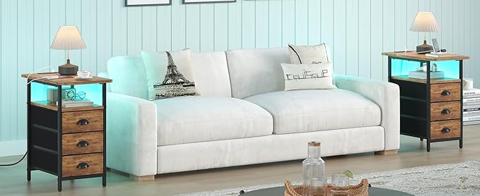 End Table with Charging Station,LED Side Tables with USB Ports and Outlets,Narrow Nightstands Bedside Tables with 3 Fabric Drawers for Small Space,Slim Sofa Table for Livingroom, Rustic Brown