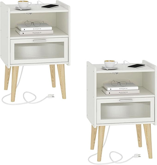 Nightstand with Charging Station, Bedside Tables, End Table Side Table with 2 Tiers Storage Space, for Bedroom, Living Room, White MLBZ07WE-2