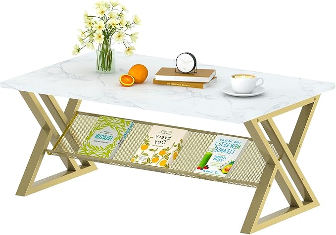 Coffee Table Living Room Table with Storage Shelf, White Table Simple Modern Faux Marble Rectangular Tables with Sturdy Gold Metal Frame,Industrial Wooden Coffee Table for Bedroom Home Office