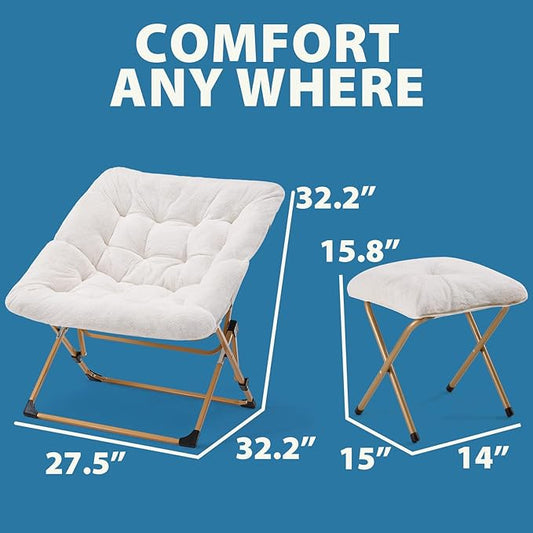 OAKHAM Comfy Chair for Adults, Soft Faux Fur Folding Lounge for Bedroom Living Room Dorm Rooms Flexible Reading Chair for Teens Kids, X-Large Foldable (Ottoman-White)