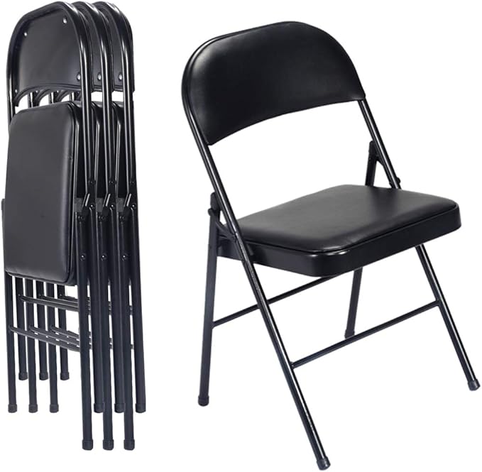 4 Pack Black Folding Chairs with Padded Seat & Back, Metal Frame Foldable Chairs, Portable & Stackable for Indoor Outdoor, Office, Party, Wedding, Conference