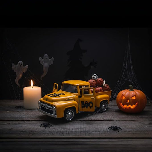 Halloween Decorations Indoor Vintage Metal Truck with Mini Fake Skulls and Pumpkins Cute Ghost Decor Scary Farmhouse Halloween Centerpieces for Table Home Mantel Pumpkin Tiered Tray Decor Party Gift