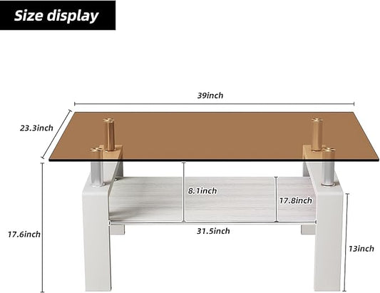 Modern 2-Tier Coffee Table with Tempered Glass Top, MDF Shelf & Metal Legs, Rectangular Living Room Center Table, Sturdy & Stylish Table for Small Spaces, Lounge or Office