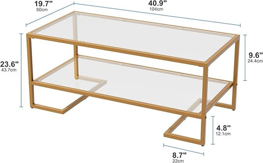 Coffee Table, 2 Tier Tempered Glass Coffee Table, Rectangle Modern Center Table with Metal Frame, Glass Accent Table Open Storage Shelf for Living Room, Office, Golden