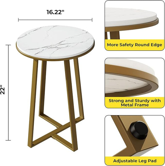 Round End Tables, Small Side Table White Marble Texture MDF Top,Metal Frame Gold Color, Tall End Table for Bed Room,Coffee Tea End Table for Living Room (White Marble+Gold)