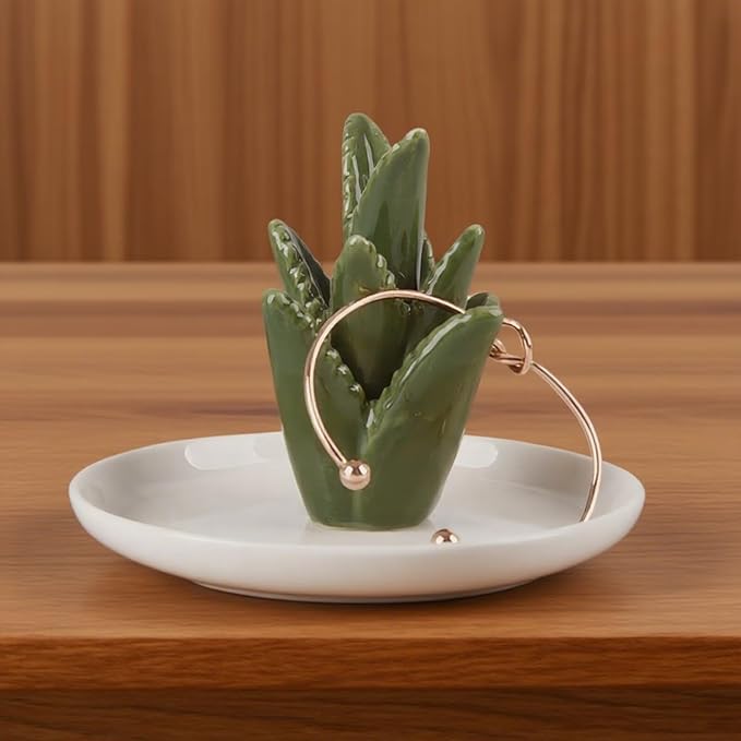 Aloe Ceramic Jewelry Tray, Ring Dish & Trinket Holder - Boho Room & Bathroom Decor for Women, Cute Desk Organizer - Gift for Her, Mom, Sister, Best Friend, Christmas, Birthday