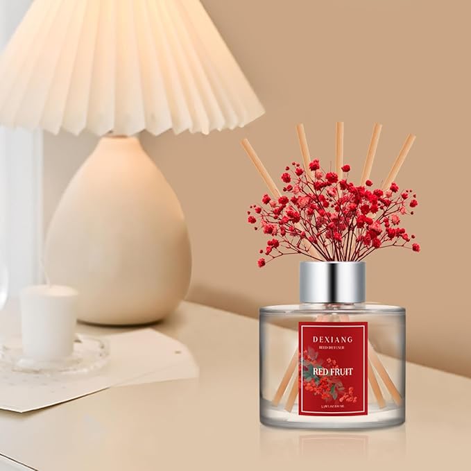 Reed Diffuser Set - 3.38oz (100ml) Red Fruit Scent Essential Oil Air Freshener with 6 Reed Sticks| Long-Lasting Aromatherapy for Home, Bathroom, Office Decor