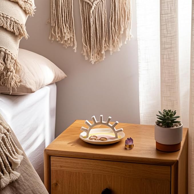 Sagebrook Home Boho Trinket Tray with Ring Holder - Ceramic Stoneware Jewelry Dish - Decorative Organizer for Rings & Accessories - Home, Office, Bedroom & Living Room Decor - 4" Ivory & Tan