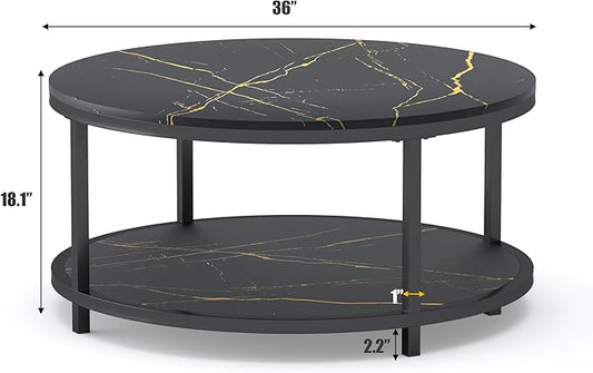 WiberWi Round Coffee Table Black Coffee Tables for Living Room 35.8" Faux Marble Top Circle Table Furniture Sturdy Metal Frame Legs Cocktail Table with Storage Open Shelf