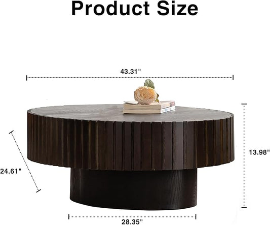 43.31" Oval Drum Coffee Table, Modern Handcraft Fluted Drum Center Table, Wooden Oval Coffee Table Center Table with Sturdy Pedestal for Living Room Apartment (Walnut+Black)