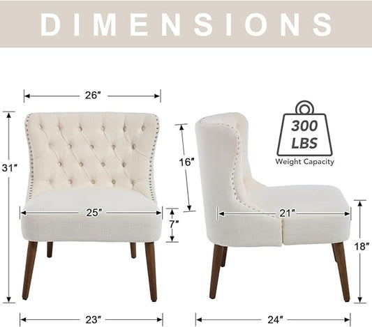 chairus Tufted Slipper Accent Chairs Set of 2, Linen Upholstered Armless Living Room Chairs with Nailhead Trim, Mid-Century Modern Wingback Side Chairs for Bedroom Office Reception, Beige