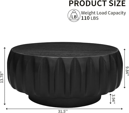 31.5" Round Solid Wood Carved Coffee Table with Elegant Sculptural Design,Modern Side Table for Living Room,Bedroom,Office,Black