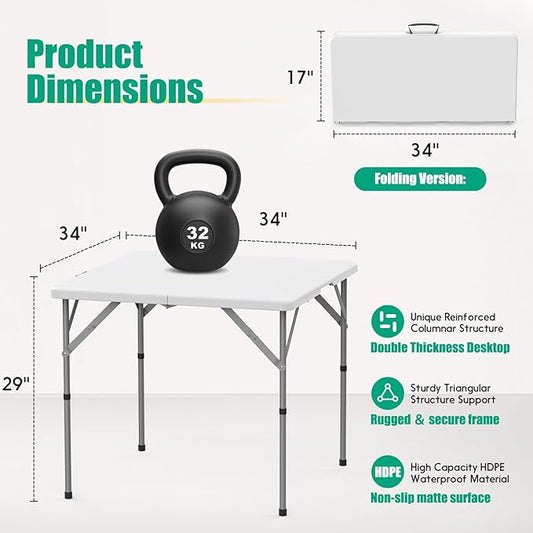 HLPB 34'' Square Folding Card Table, Fold-in-Half Portable Dining Table with Handle and Safety Lock, Foldable Plastic Dining Table Indoor Outdoor for Camping, Picnic and Party Event, White