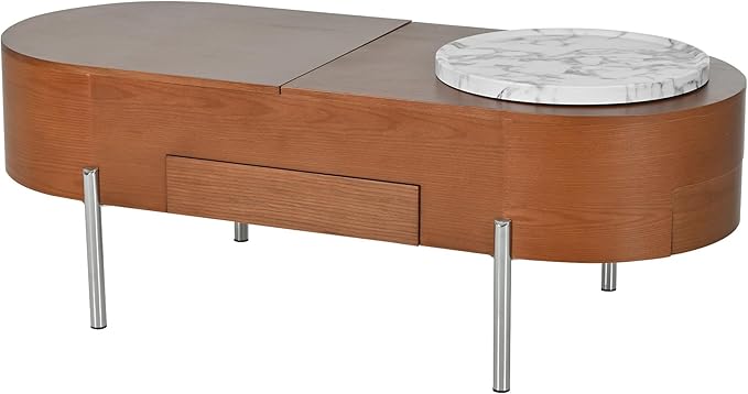 47.2'' Lift Top Coffee Table with Hidden Compartment, Modern Oval Wooden Center Table Cocktail Tea Table with 360-degree Marble-Patterned Rotating Tray and 3 Drawers for Living Room, Brown