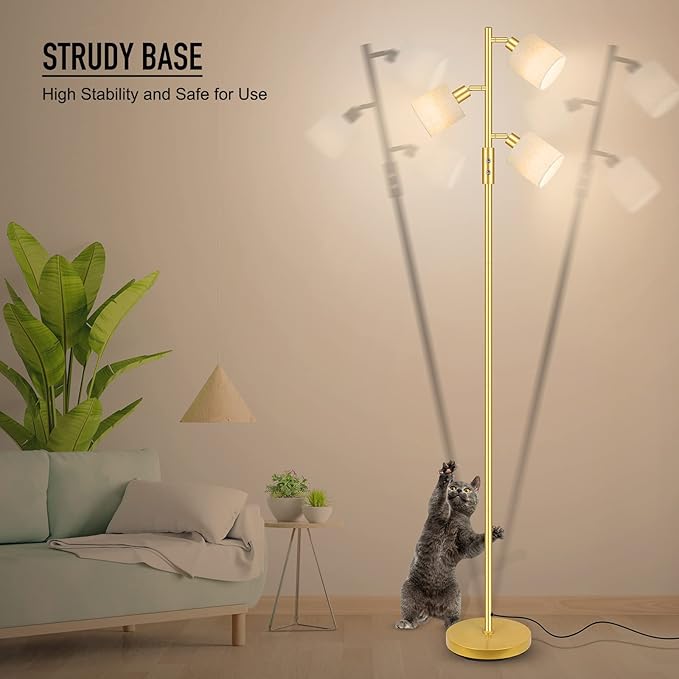 Gold Floor Lamps for Living Room, 3 Color Temperature, 3 Light Tree Standing Lamp, Minimalist Corner Floor Lamp with Lamp Shades Modern Pole Lamp for Bedroom Office Kids Room, Reading (5W LED Bulbs)