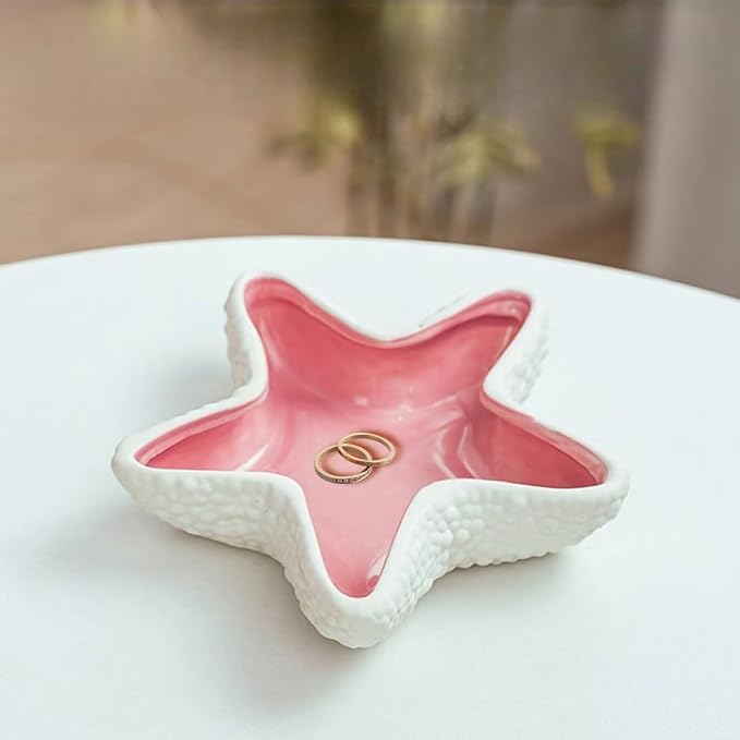 Starfish Jewelry Dish Ceramic Holder Ring Trinket Tray, Ocean-themed Decorative Trinket Dish, Suitable for Mother Friend Sister, Gifts for Women, Home Decor Trinket Dish(Pink)