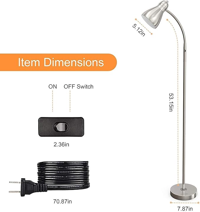 LEPOWER Floor Lamp, Metal Standing Lamp with Adjustable Gooseneck, Heavy Metal Base, Reading Pole Lamp for Office, Silver Floor Lamps for Bedroom, Living Room