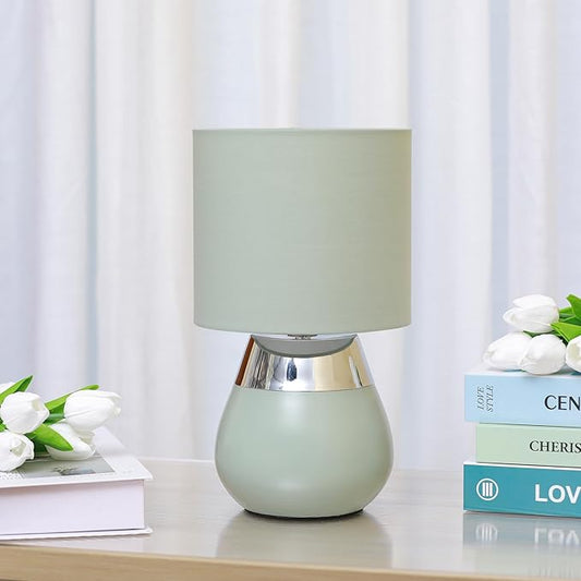 Small Modern Touch Eye Protection Bedside Table Lamp, 7 x 7 x 12 Inch Light Green Metal Base Table Lamp for Bedrooms and Office (Light Green Fabric Lampshade)