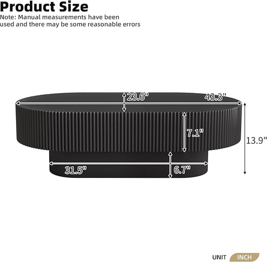 43.3 Inch Oval Drum Coffee Table, Modern Handcraft Fluted Drum Coffee Table, Wooden Oval Center Table Cocktail Table with Stable Pedestal for Living Room Apartment (Black)