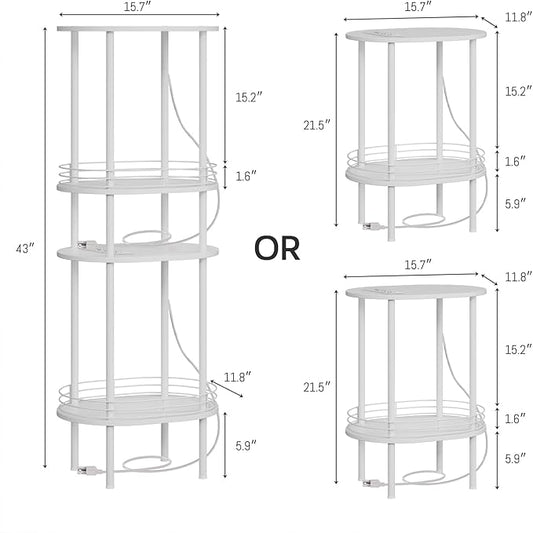 Small Round Side Table with Charging Station,Bedside Table with 2 USB Ports and Outlets, Morden Round Nightstand, Samll Side Table for Living Room,Bedroom, Nursery, Laundry, White