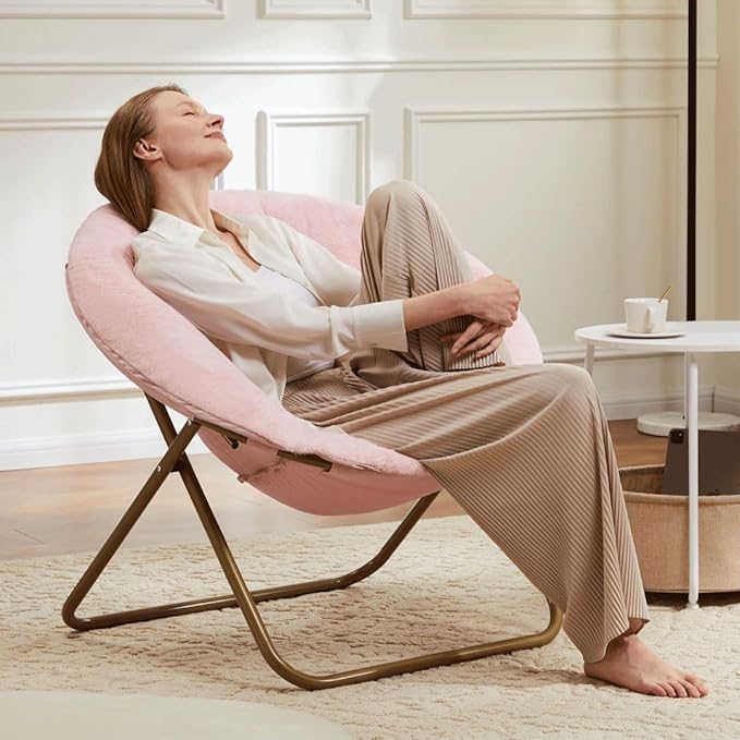 Comfortable Cozy Faux Fur Disc Chair Foldable Feature for Bedroom, Living Room and Dorm, Adult-Sized Relaxation, Pink
