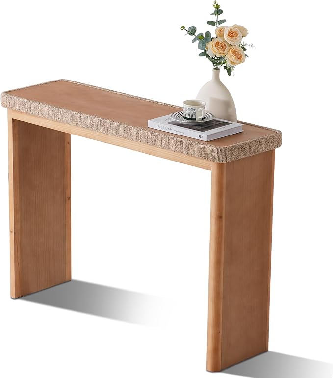 43" Wood Console Table for Entryway, Farmhouse Narrow Entry Tables with Rattan Decor, Boho Skinny Couch Table Behind Sofa for Living Room, Hallway, Foyer, Natural