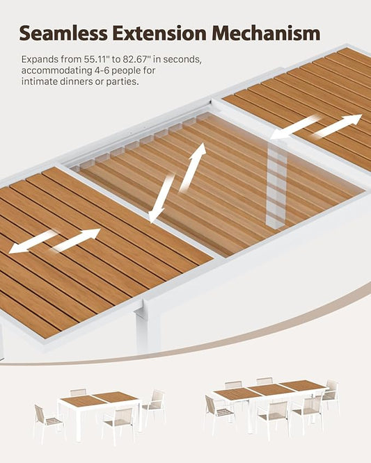 ZANDOR Expandable Outdoor Dining Set for 4-6-8,Patio Table and Chairs Set with Wood Top for Garden,Backyard,Porch,55"-82.7" Extendable Aluminum Outdoor Table Set with 4 Chairs,White