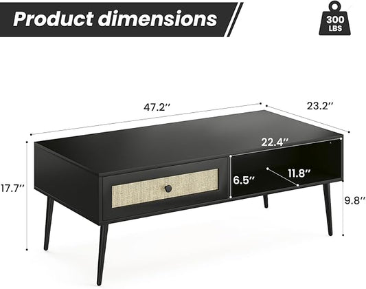 Farini Mid-Century Modern Coffee Table, 47 Inch Rectangle Console Table with Drawer & Shelf, Wooden Coffee Table for Living Room, Office, Black