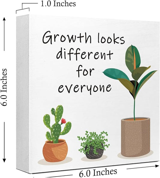 LVQHI Inspirational Wood Block Sign,Growth Looks Different for Everyone Plant Motivational Wooden Block Sign for Home Bedroom Office Desk Table Decor,Inspirational Gift for Coworker Friend 6x6 IN