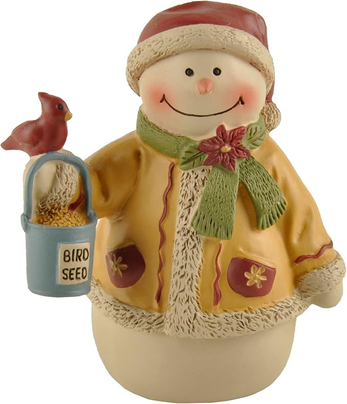 Snowman Figurine Christmas Decorations Indoor – Resin Snowman with Bird & Seed Bucket, Winter Tabletop Christmas Home Decor, Cute Seasonal Ornament for Holiday Display