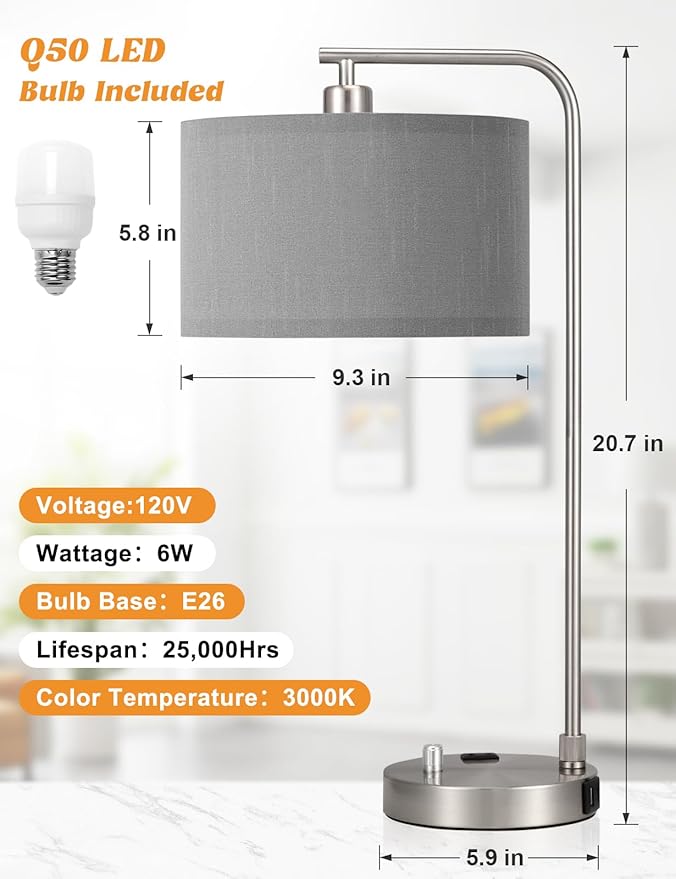 Gray Side Table Lamp with USB Port and Outlet, Dimmable Nightstand Bedside Lamps with Linen Lampshade, Desk Lamp for Bedroom, Living Room, Guest Room, Home Office, LED Bulb Included