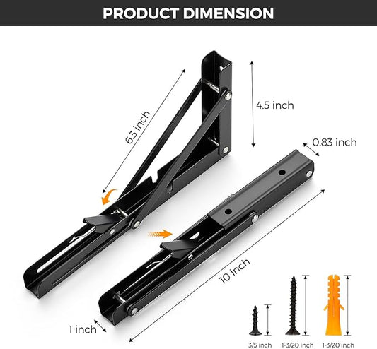 JOY DECOR 10 Inch Heavy Duty Folding Shelf Brackets, 4 Pack (2 Pairs) Collapsible Wall Mounted Brackets for Fold Down Table, Stainless Steel Folding Table Hinge, Matte Black
