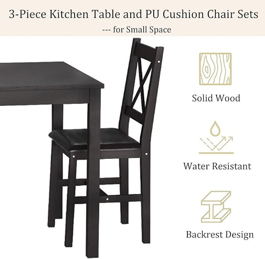 3-Piece Solid Wood Kitchen Table Set for 2 | Pine Dining Table with Upholstered Chairs | Space-Saving Design | Smooth Easy-to-Clean Surface | for Dining Room, Apartment, Restaurant, Dark Brown