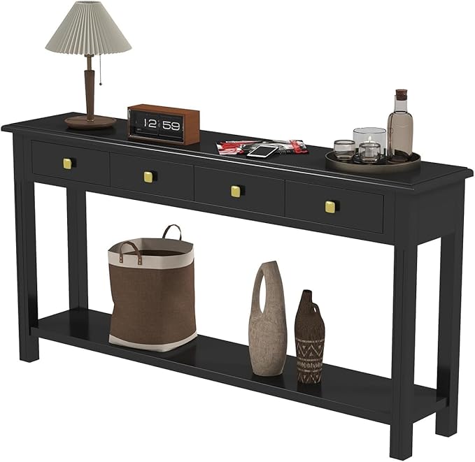 59.1 Inch Extra Long Console Table Black - Modern Entryway Table with Drawers & Storage, Narrow Sofa Table for Living Room