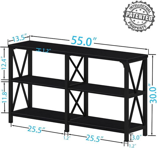 IBF Black Console Table, Modern Sofa Table Behind Couch, Industrial Entryway Table for Hallway Living Room, Farmhouse Wooden Metal Entry Table for Foyer with 3-Tier Storage Shelves, Black Oak, 55 Inch