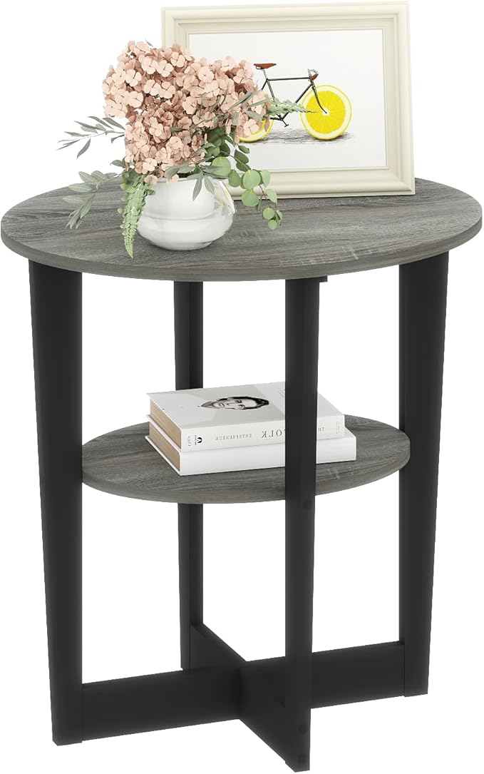 Small End Table, Round Side Table with 2-Tier Open Storage for Living Room, Apartment, Home Office, Small Spaces, Grey