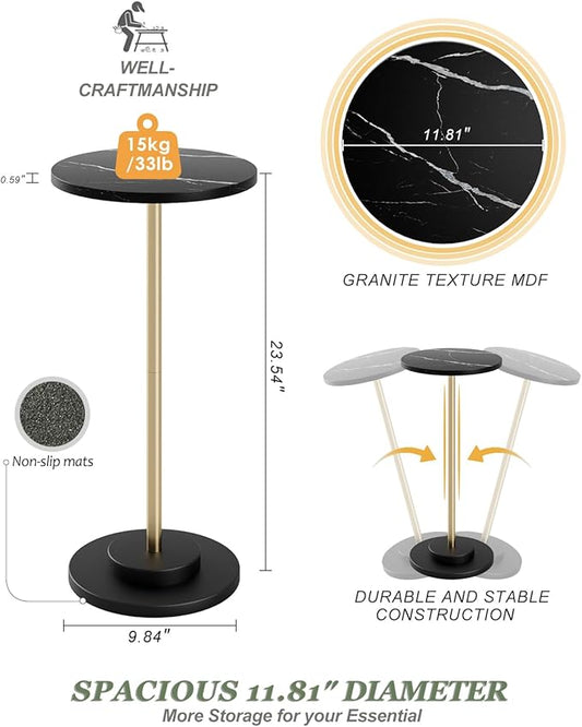 Round Side Table, Small Drink Table for Small Spaces, Modern Accent End Table with Metal Leg for Living Room, Bedroom, Corners, and Office (Black Marble)