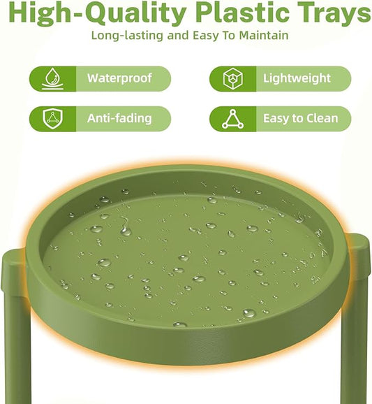 iDavosic.ly 5 Tier Folding Plant Stand Indoor Outdoor with Plastic Tray, Tiered Corner Flower Holder Shelf, Metal Orchid Display Rack for Patio Porch Living Room Garden Balcony, Green