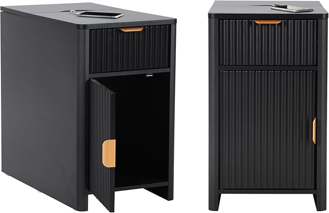 Fluted Narrow End Table with Charging Station, Black Side Table with Drawer Storage, Small Night Stand with Power Outlets and USB Ports, Sofa Side Table for Living Room - Black