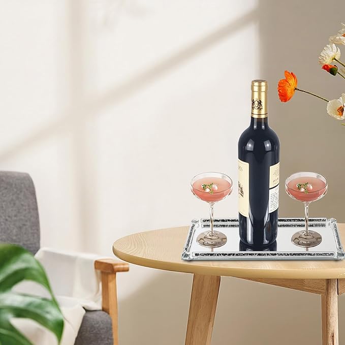 Glass Vanity Tray with Crushed Diamond,Perfume Tray,Mirror Vanity Trays for Bedroom Dresser,Crystal Cosmetic Makeup Tray,Decorative Tray for Home Decor Gift(Black Crushed Diamond)