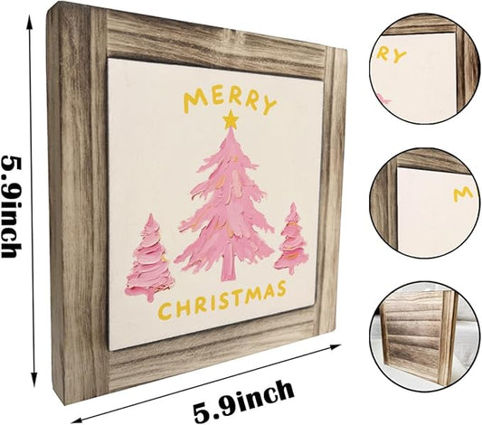 Merry Christmas Wood Sign, Pink Christmas Tree Decor, Wood Plaques Desk Decors, Decorative Wooden Box Sign, X-mas Home Decor for Living Room Bedroom Table helves, X-mas Gift for Girls Women