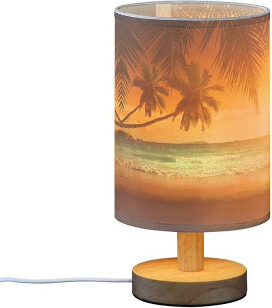Table Lamp Pretty Sunset Ocean Beach with Palm Tree Caribbean Sea Nightstand Lamp with Wood Base Fabric Lamp Shade Bedside Desk Lamp for Living Room Bedroom Kids Room Office