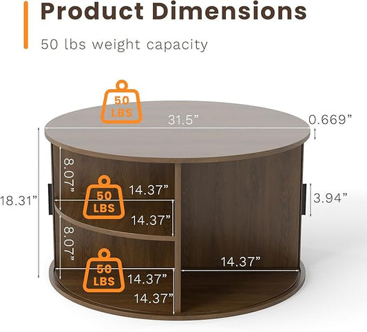 Coffee Table with Storage,31.5" Wood Round Coffee Table Hidden Storage and Open Shelves with 360°Curved Sliding Door,for Living Room Office Apartment,Brown