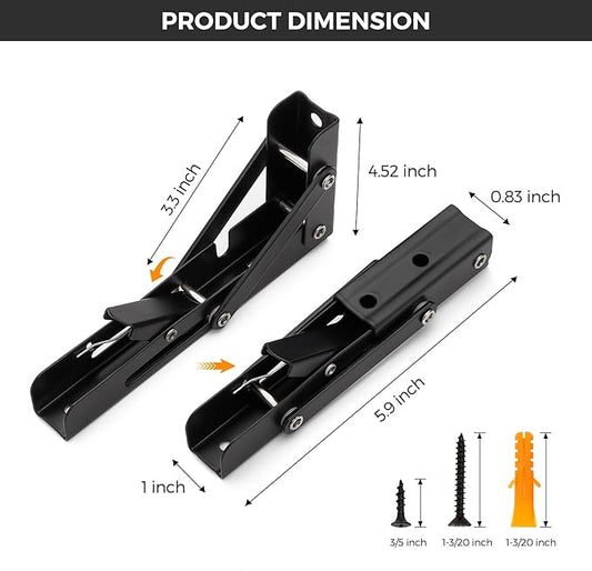 JOY DECOR 6 Inch Heavy Duty Folding Shelf Brackets, 2 Pack (1 Pair) Collapsible Wall Mounted Brackets for Fold Down Table, Stainless Steel Folding Table Hinge, Matte Black