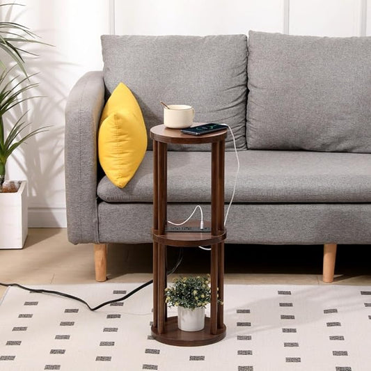 9 x25 Fully Assembled Walnut Wood Round Drink Table with Charging Station, Mid-Century Modern Circle Wood Accent Pedestal Table for Living Room or Small Bedroom Nightstand