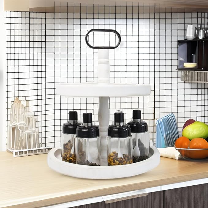 Rustic 2 Tiered Tray Decor, Coffee Color, Wooden Material, Round Shape