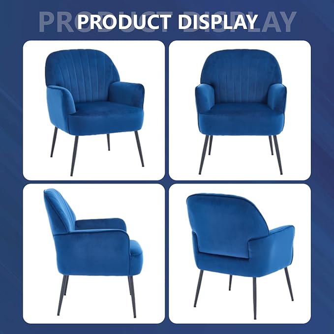 Velvet Accent Chair, Modern Upholstered Single Sofa Side Living Room Chair, Comfy Reading Armchair with Metal Legs for Bedroom, Waiting Room, Office and Cafe, Blue