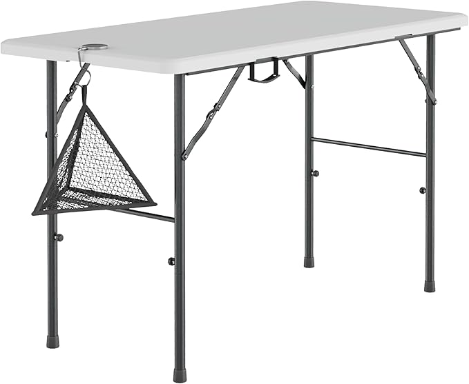 VECELO Folding Table 4 Foot with Mesh Bag, Indoor Outdoor Heavy-Duty Portable w/Handle,Fold-in-Half for Picnic, Party, Camping, White