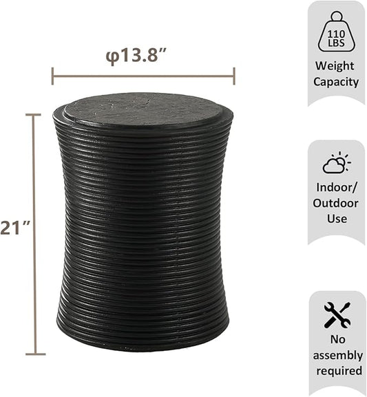 HOMPUS Concrete Outdoor Side Table w Cylindrical Thread Round Coffee Table, Home Decor Plant Stand Outdoor Accent Table Patio Drum End Table for Living Room, Bedroom or Balcony, Black