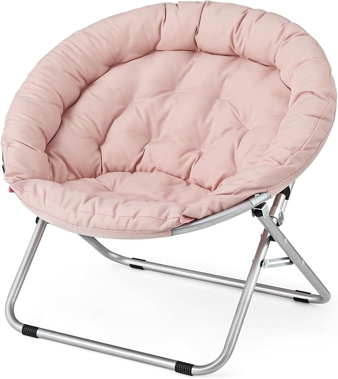 Athena Collection Comfy Saucer Chair Folding Cozy Chair for Bed Room Living Room Accent Chair Fabric Reading Chair Foldable Metal Frame Lazy Chair Moon Chair for Adult, Pink